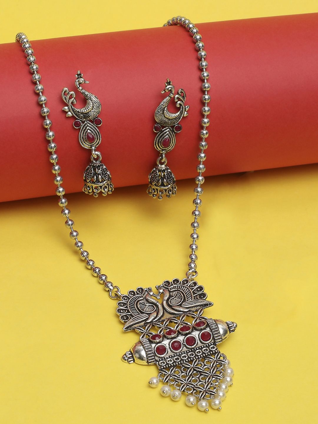 Sangria Women Stone Studded & Beaded Peacock Design Oxidised Ethnic Long Jewellery Set-picture-28