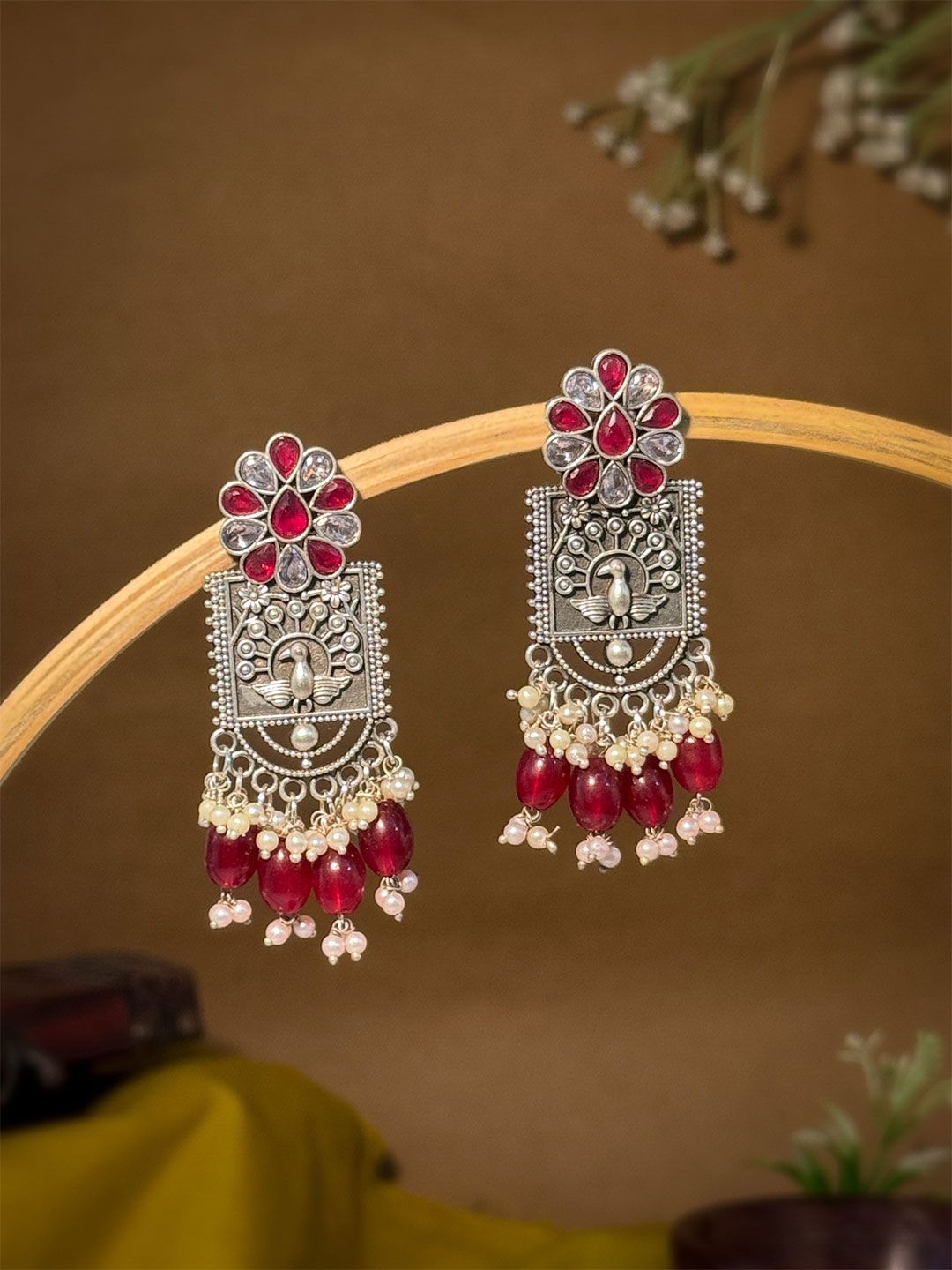 NAMAN ARTS Silver-Plated stones Studded & Beads Beaded Oxidised Drop Earrings-picture-16