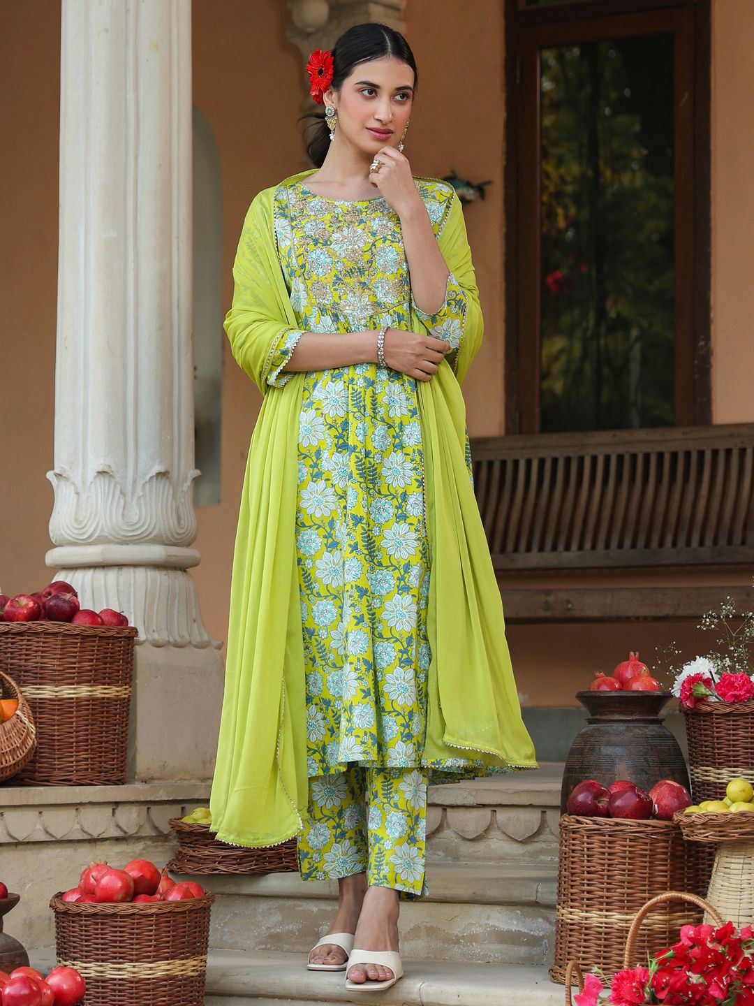 Janasya Women Lime Green Pure Cotton Floral Printed Yoke Design A-line Kurta Set