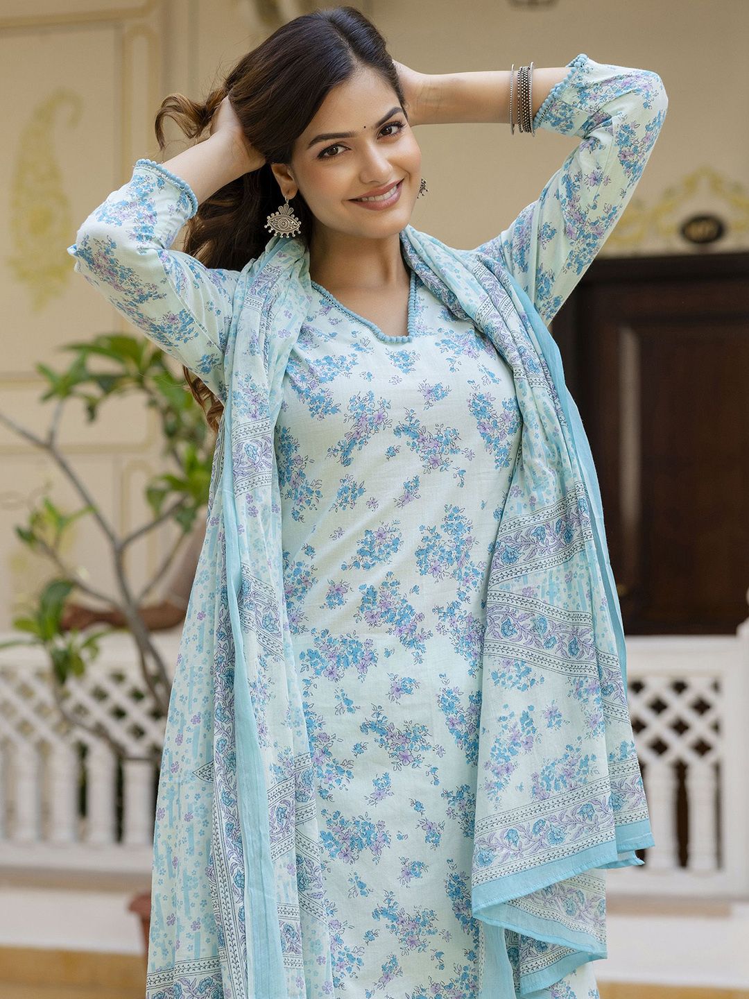 Anouk Rustic Floral Printed Pure Cotton Straight Kurta With Trousers & Dupatta
