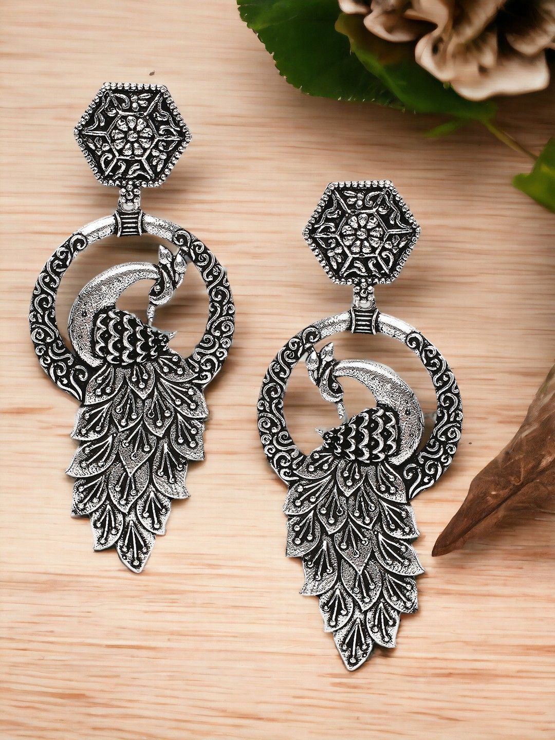 Sangria Oxidised Peacock Shaped Drop Earrings-picture-20