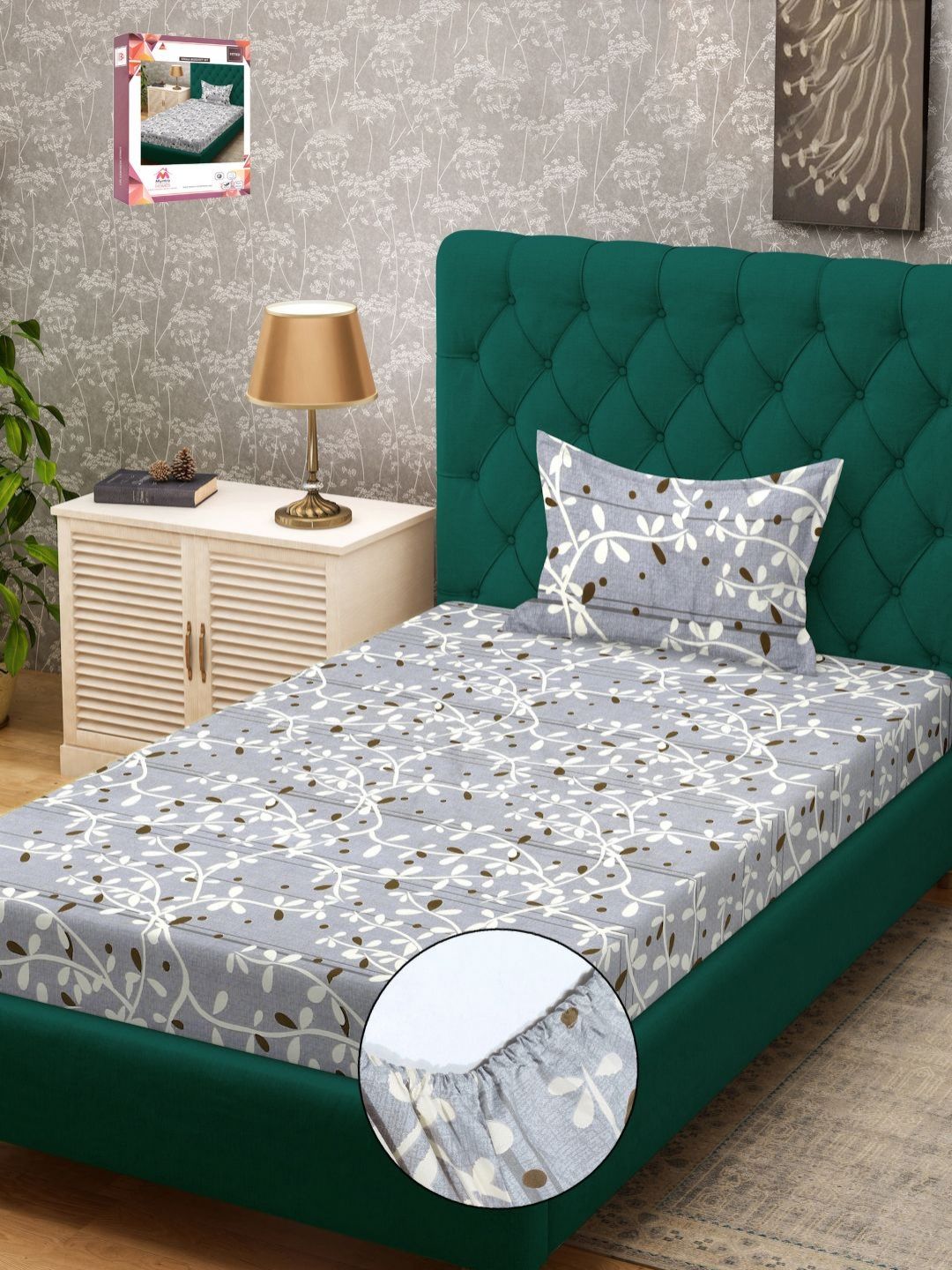 Myntra Elegant Homes Grey & White Floral 300 TC Single Bedsheet with 1 Pillow Covers-picture-36