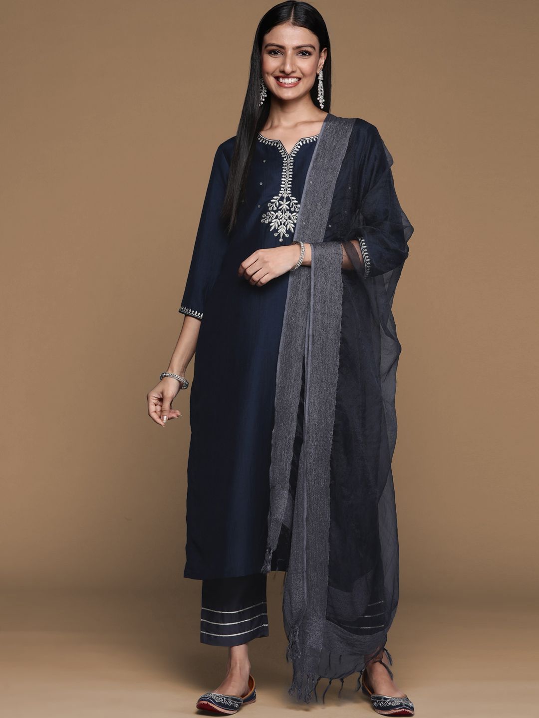 House of Pataudi Women Zari Embroidered Straight Kurta with Trousers & Dupatta