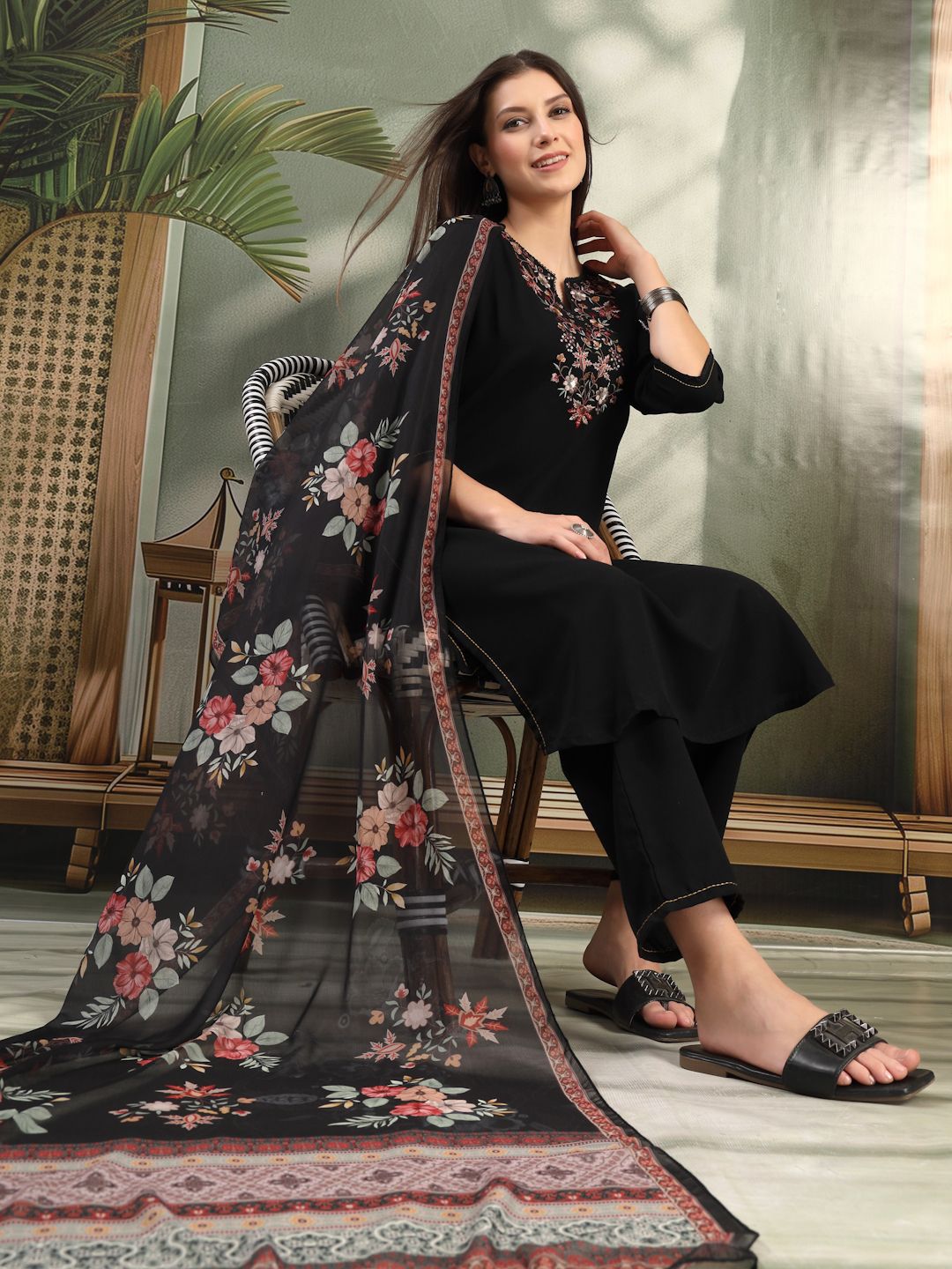 Nayam By Lakshita Women Floral Embroidered Kurta with Palazzo & Dupatta