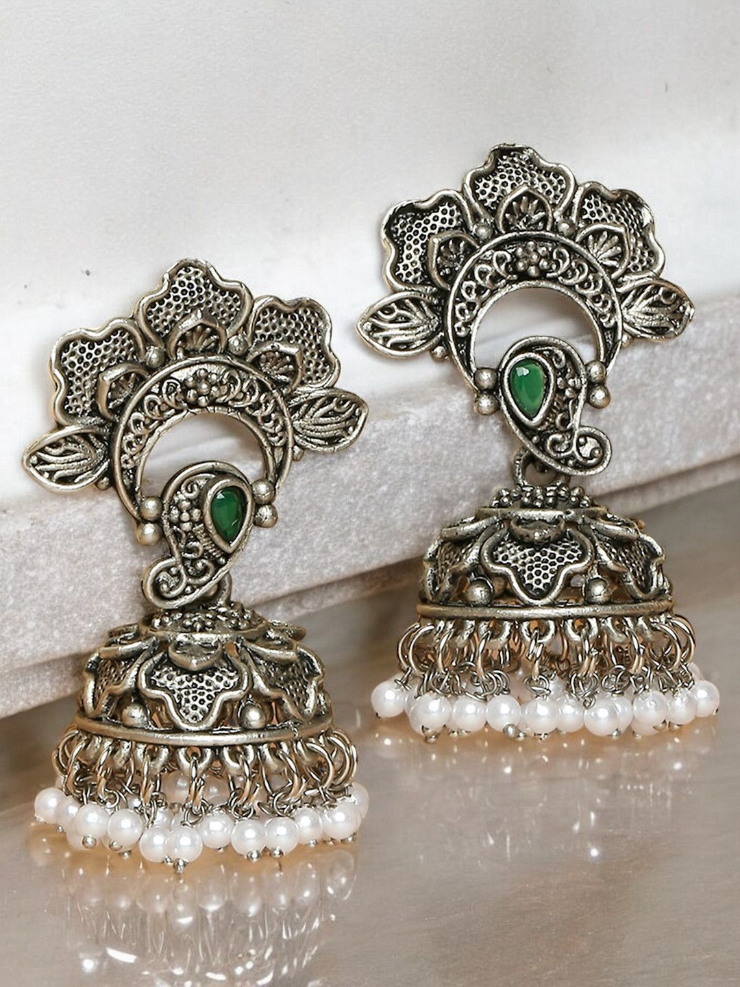Sangria Artificial Stones Studded & Beaded Floral Shaped Oxidised Jhumkas-picture-38