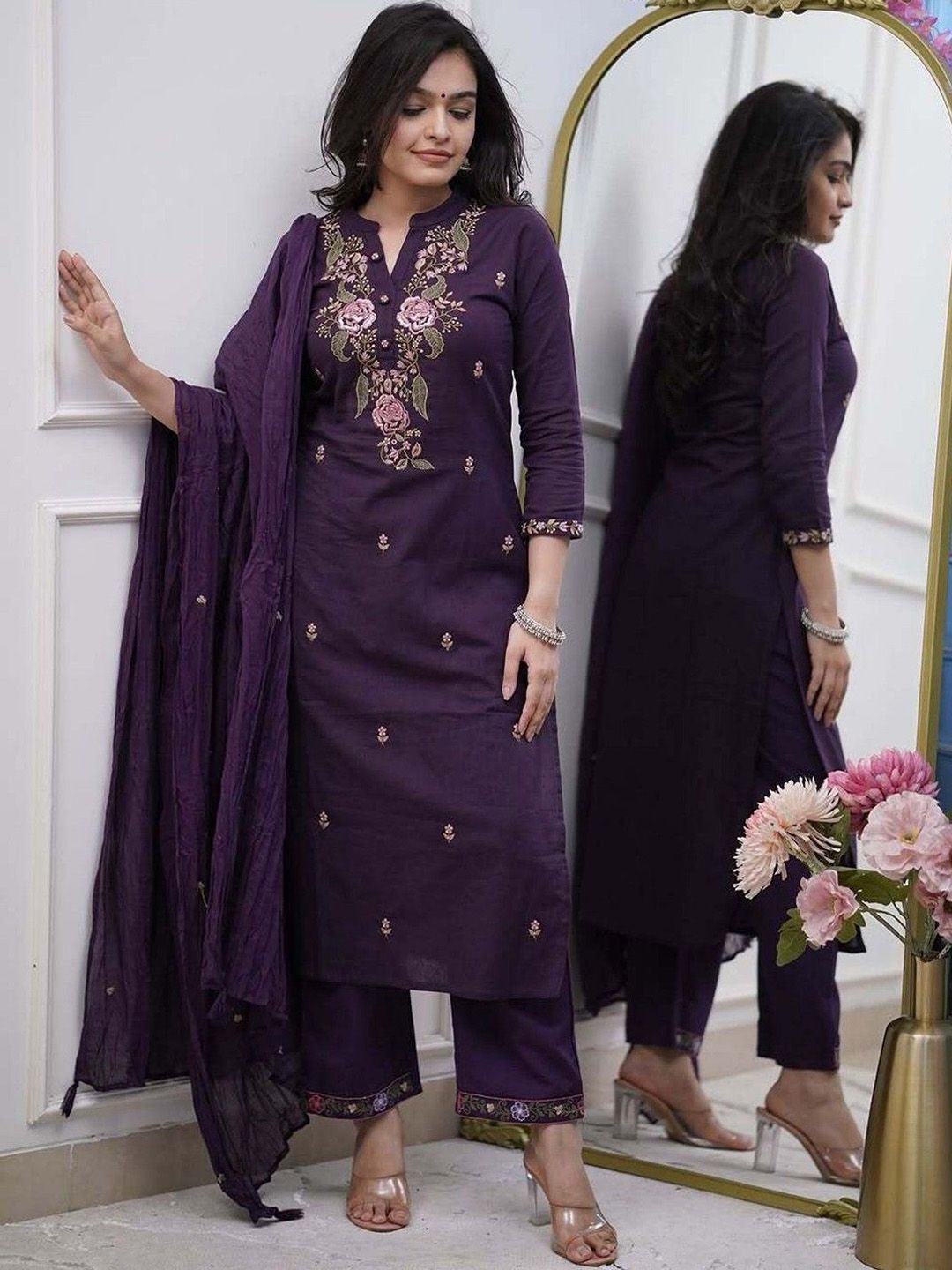 Moda Rapido Floral Embroidered Thread Work Kurta With Trousers & Dupatta