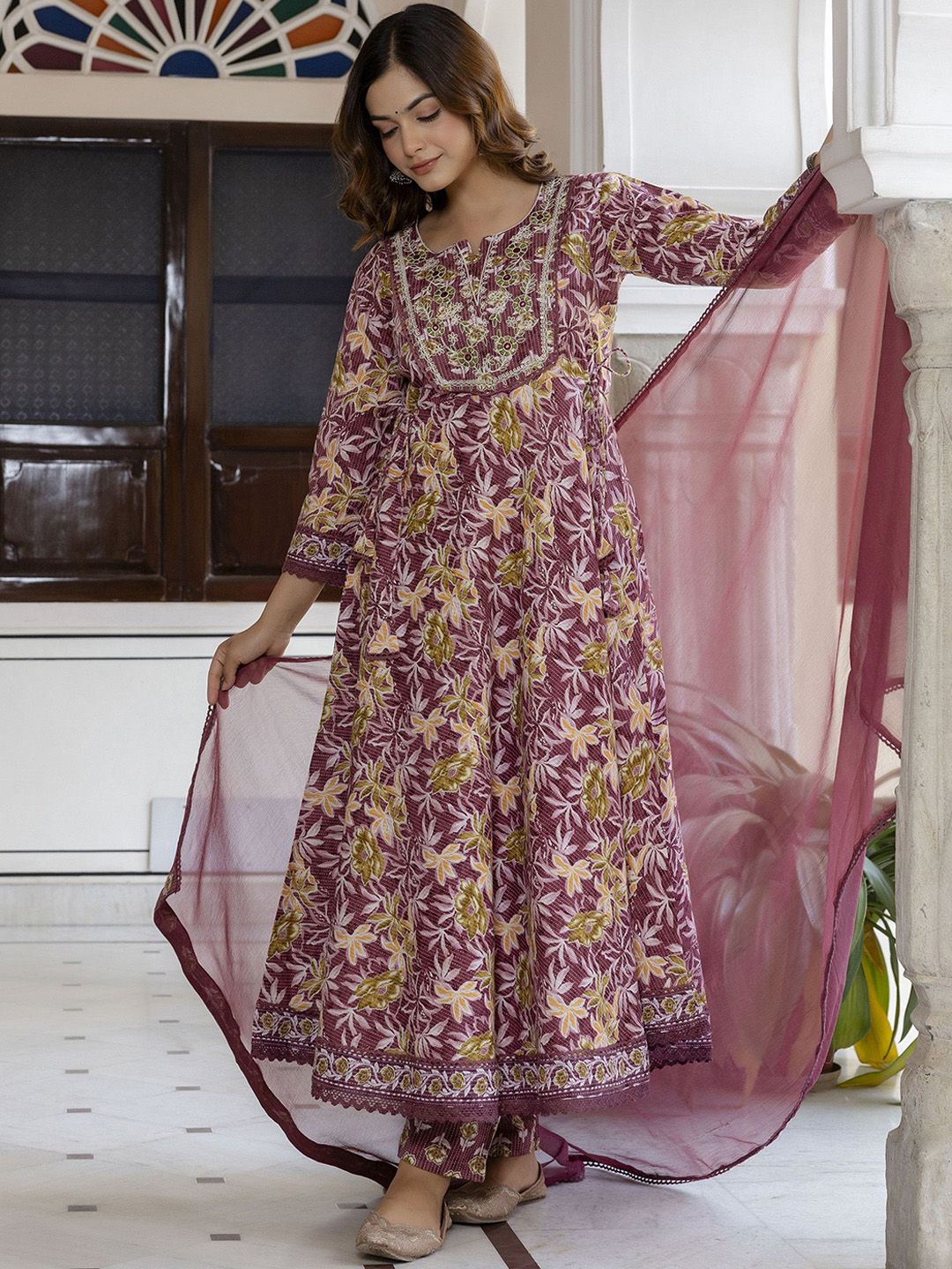 Anouk Women Floral Printed Cotton Kurta with Trousers & Dupatta