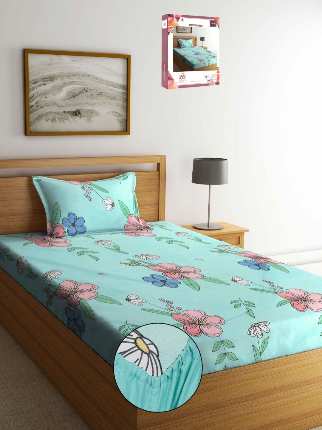 Myntra Elegant Homes Sea Green & Yellow Floral 300 TC Single Bedsheet with 1 Pillow Covers-picture-29