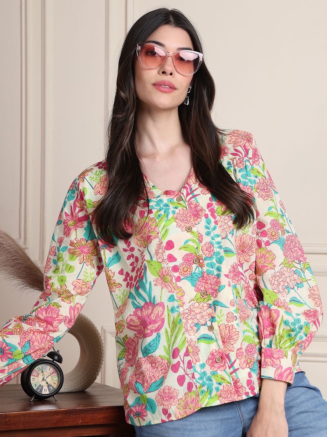 Moda Rapido Women Floral Print Organic Cotton Shirt Style Regular Top-picture-21