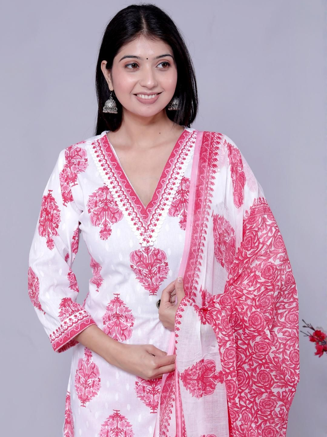 KALINI Women Pink Pure Cotton Kurta With Trousers & Dupatta