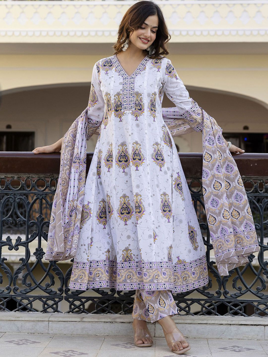 EthniFlair Floral Printed V Neck Pure Cotton Anarkali Kurta & Trousers With Dupatta-image-4