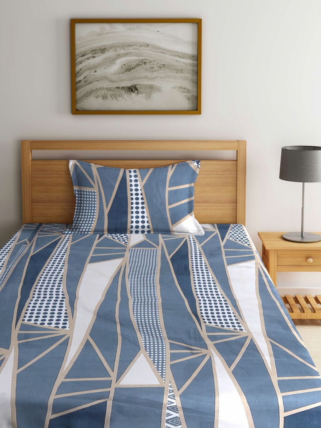 Myntra Elegant Homes Blue & White Geometric 300 TC Single Bedsheet with 1 Pillow Covers-picture-12