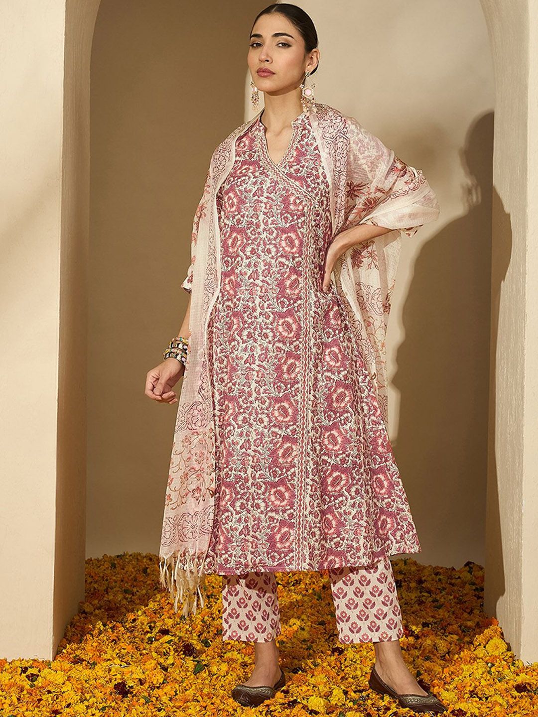 BANDIA Floral Printed Mandarin Collar Angrakha A-Line Kurta With Trousers & Dupatta-picture-40