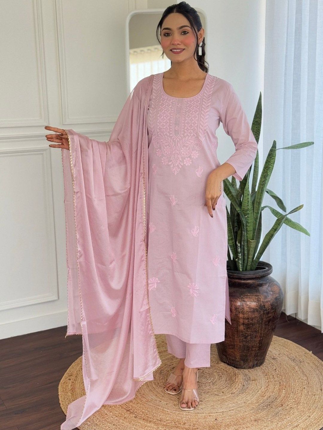 Moda Rapido Women Floral Embroidered Regular Pure Cotton Kurta Sets With Dupatta