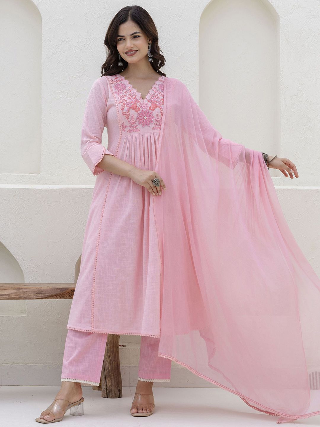 EthniFlair Yoke Design V-Neck Pure Cotton Pleated Kurta With Trousers & Dupatta