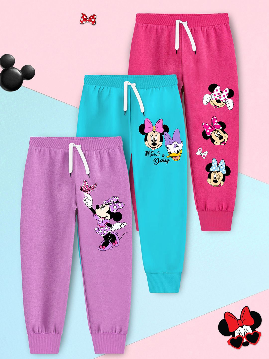 Disney By Miss and Chief Girls Pack Of 3 Minnie Mouse Printed Cotton Mid-Rise Joggers-picture-16