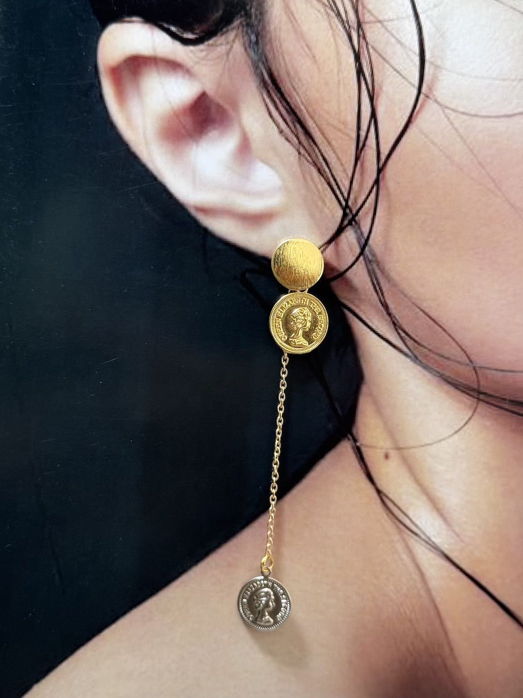 D MAK Coin Trend Gold-Plated Contemporary Drop Earrings