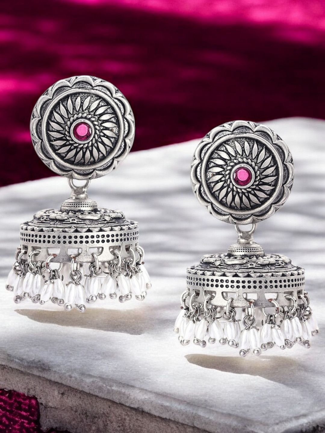 Sangria Artificial Stones Studded & Beads Beaded Oxidised Dome Shaped Jhumkas-picture-23