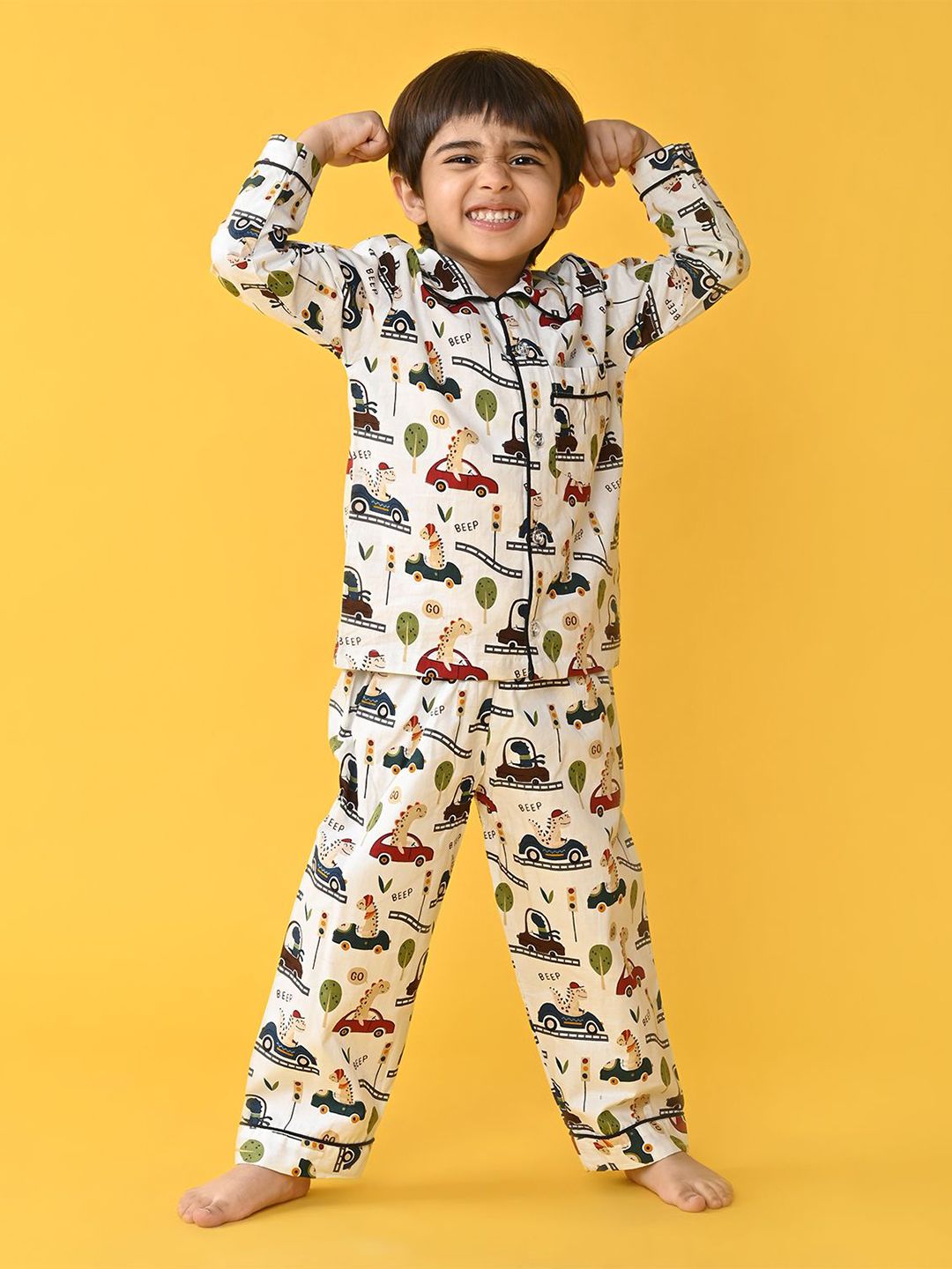 Jam & Sugar Printed Pure Cotton Lapel Collar Night Suits