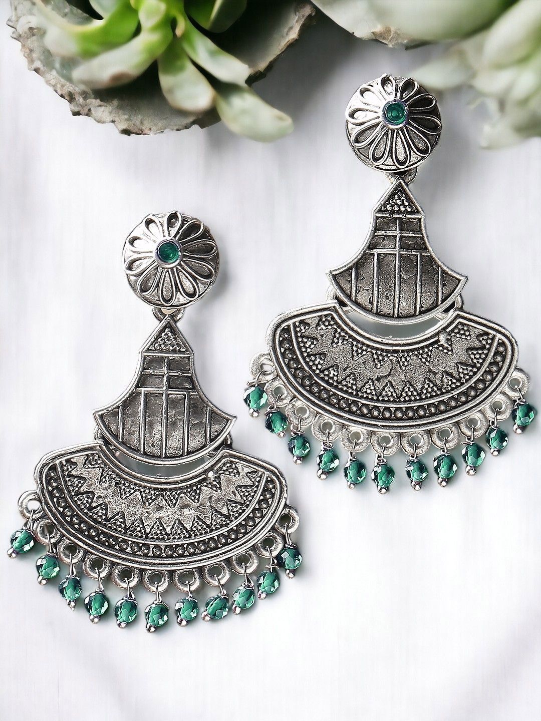 Sangria Oxidised Stone Studded & Beaded Drop Earrings-picture-30