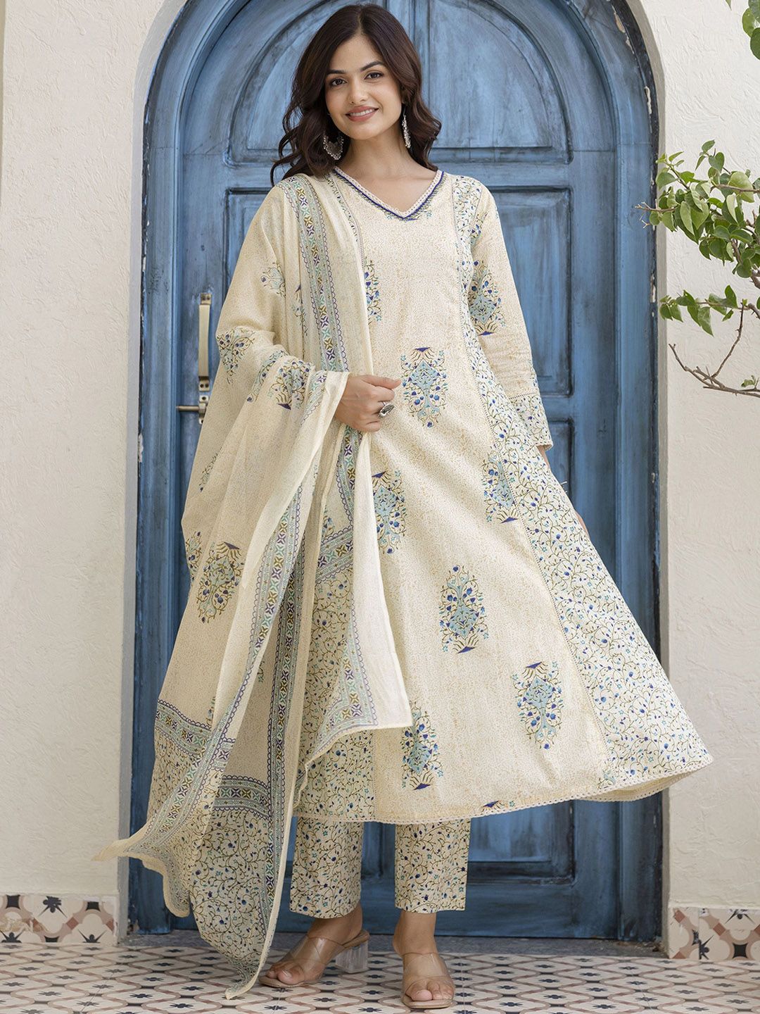 Anouk Floral Printed Pure Cotton A-Line Kurta With Trousers & Dupatta
