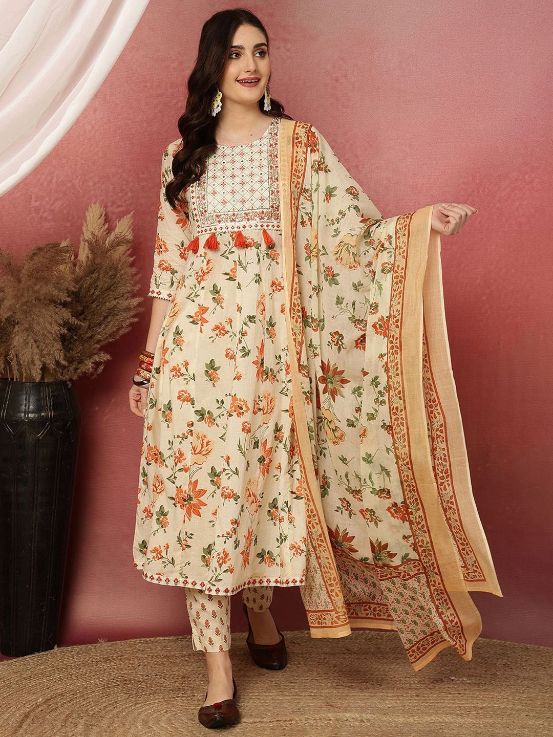 Anouk Floral Printed Round Neck Pure Cotton A-Line Kurta With Trousers & Dupatta