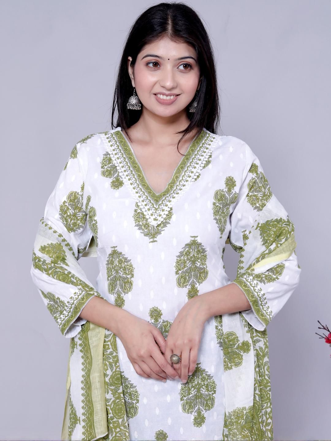 KALINI Women Green Pure Cotton Kurta With Trousers & Dupatta