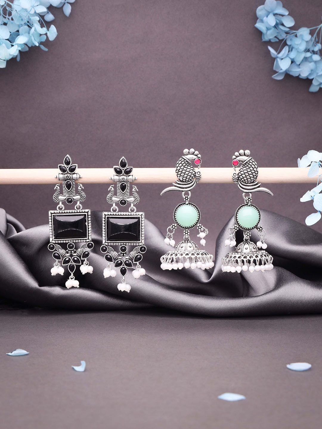 Anouk Danglers Set Of 2 Silver-Plated Artificial Stones Studded & Beaded Drop Earrings-picture-25