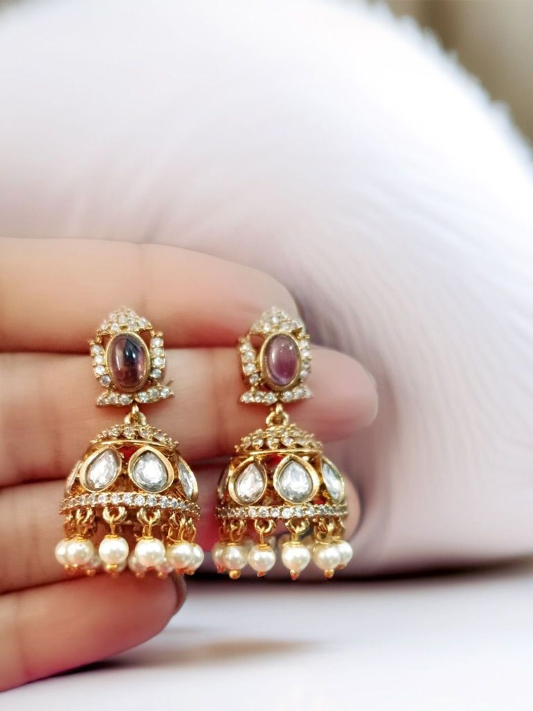 BlingNation Gold-Plated Artificial Stone & Pearls Dome Shaped Jhumkas-picture-44