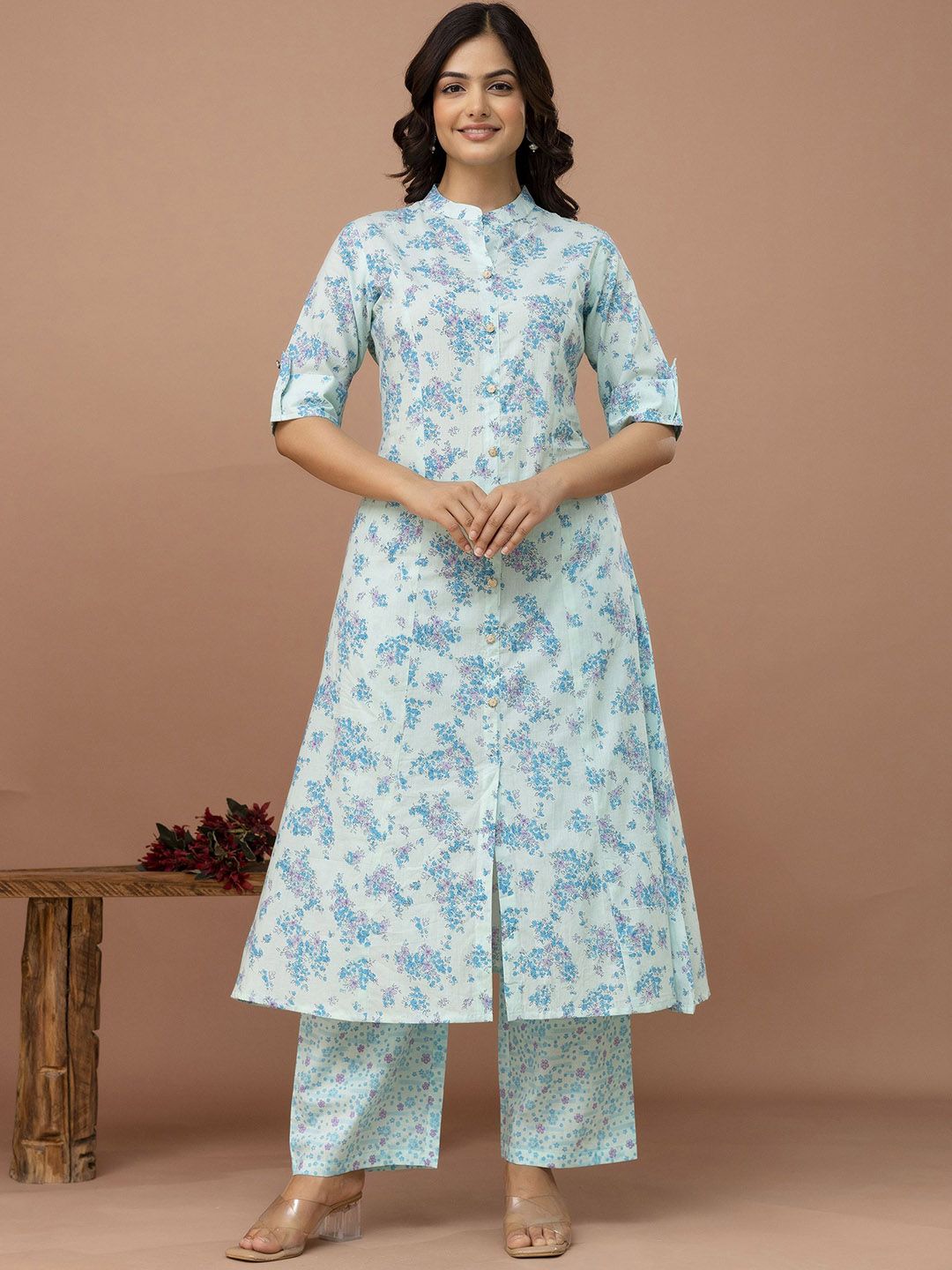 Anouk Floral Printed Mandarin Collar Pure Cotton Kurta with Palazzo