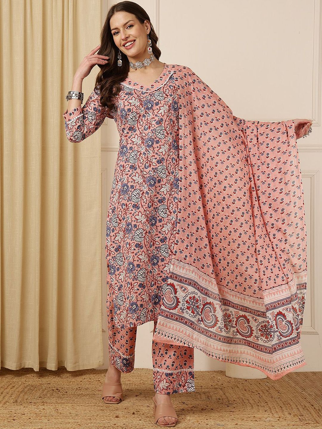 Anouk Women Floral Printed Cotton Kurta with Trousers & Dupatta-picture-40