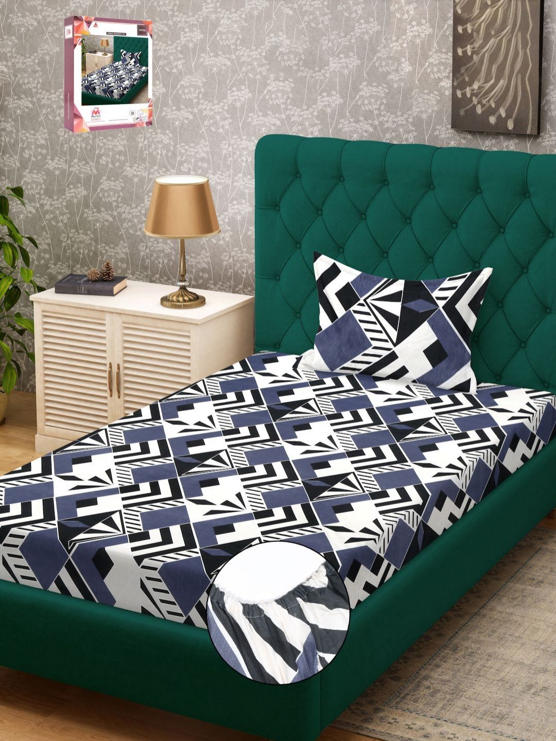 Myntra Elegant Homes White & Black Geometric 300 TC Single Bedsheet with 1 Pillow Covers-picture-33