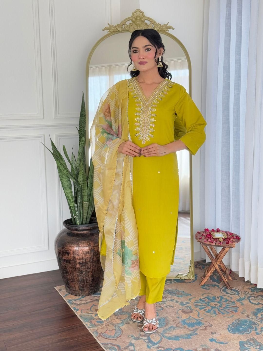 KALINI Women Yellow Silk Blend Kurta With Trousers & Dupatta