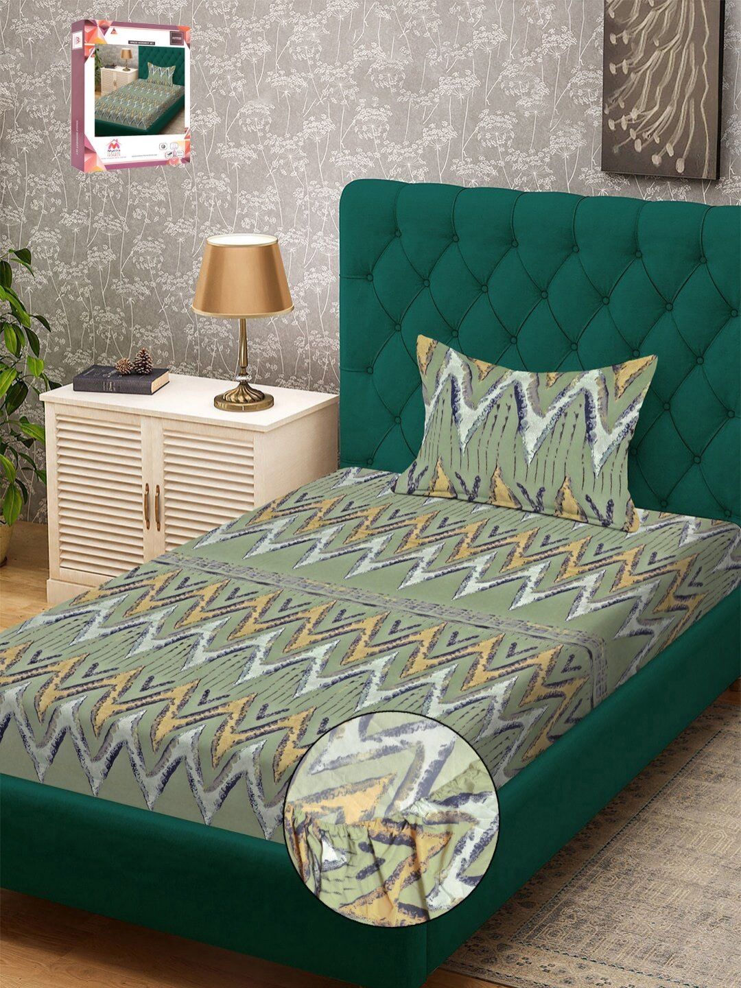 Myntra Elegant Homes Green & Grey Geometric 300 TC Single Bedsheet with 1 Pillow Covers-picture-35