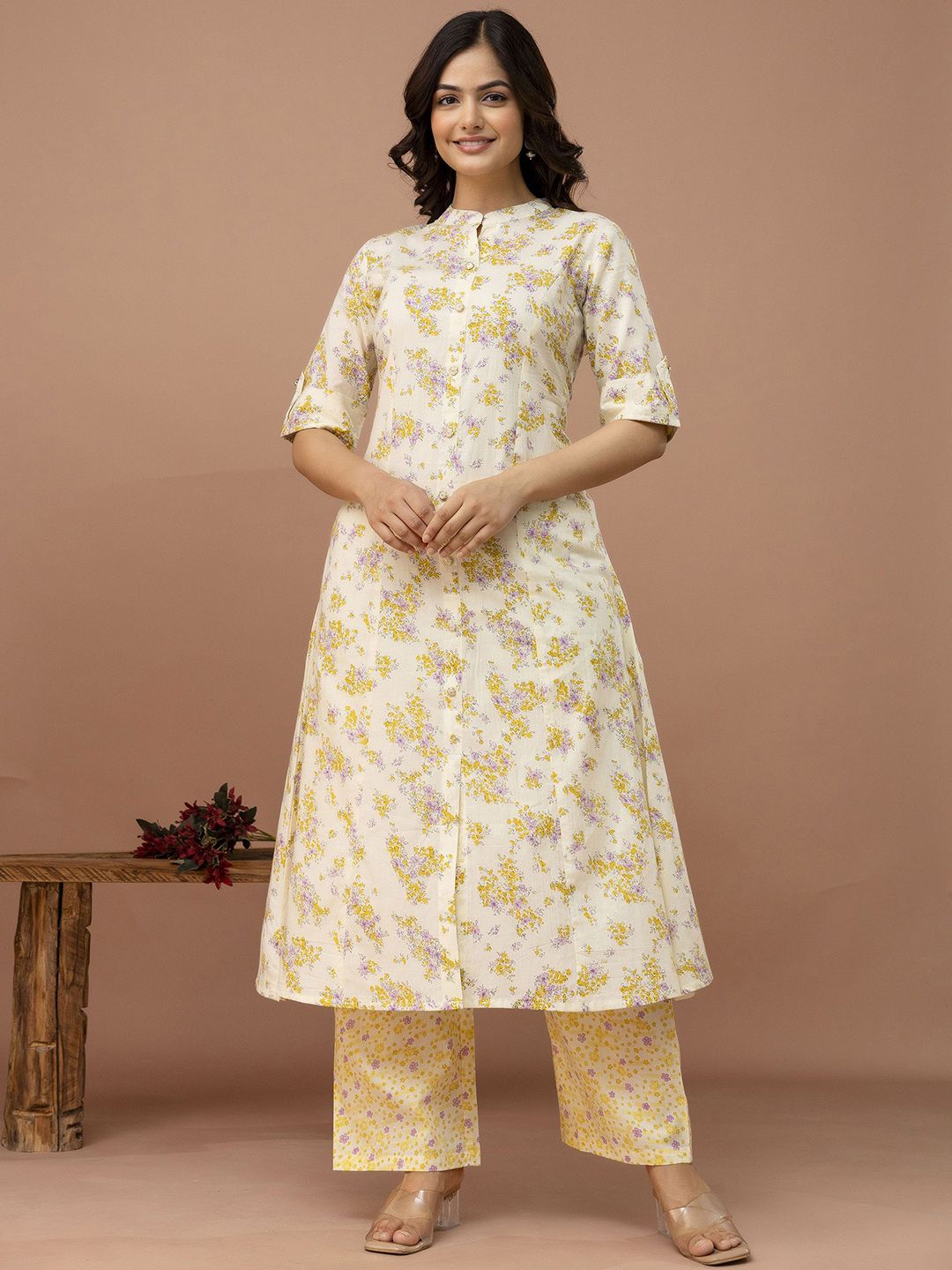 Anouk Women Floral Printed High Slit Aari Work Pure Cotton Kurta with Palazzos