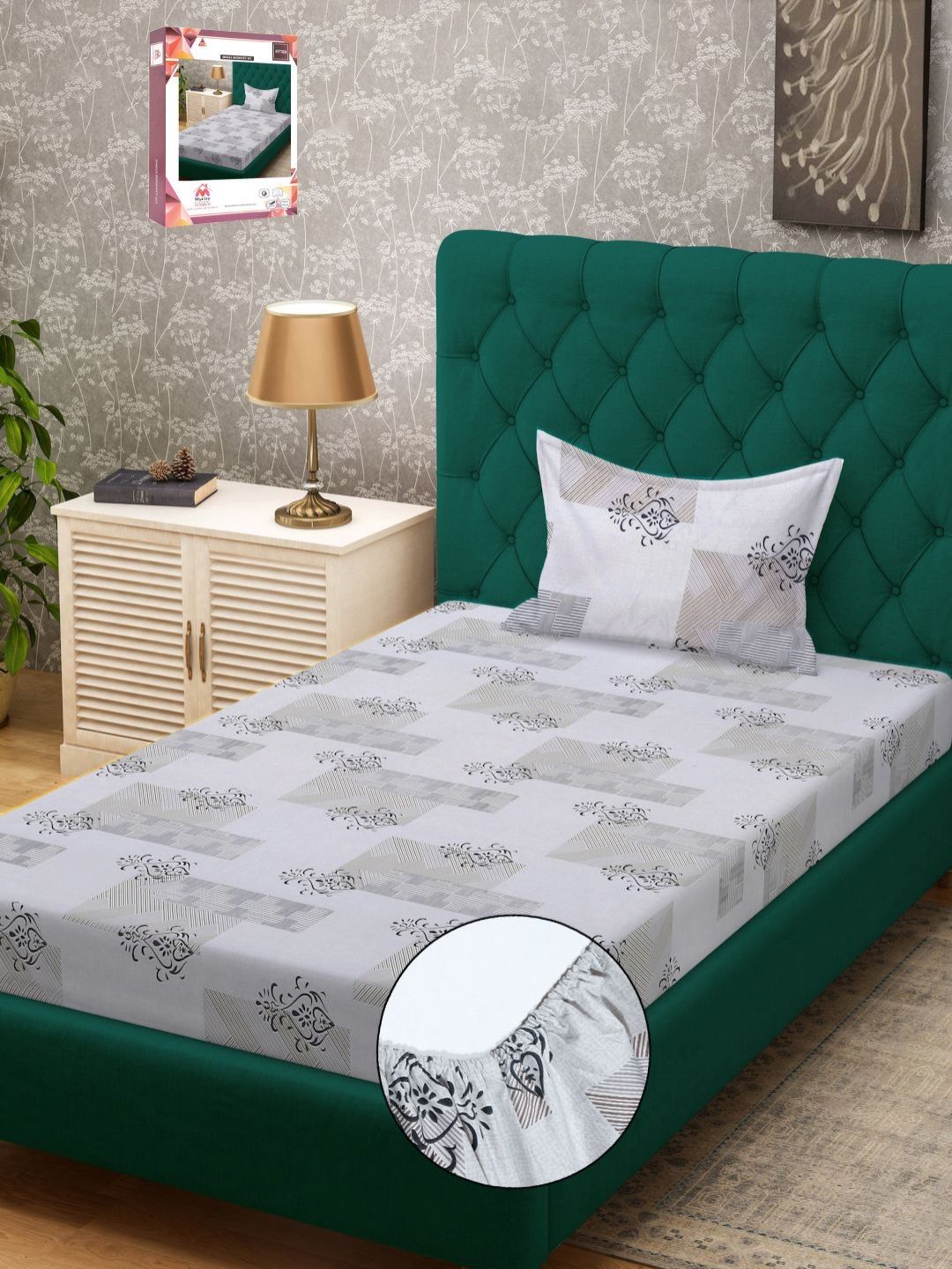 Myntra Elegant Homes Grey Ethnic Motifs 300 TC Single Bedsheet with 1 Pillow Covers-picture-28