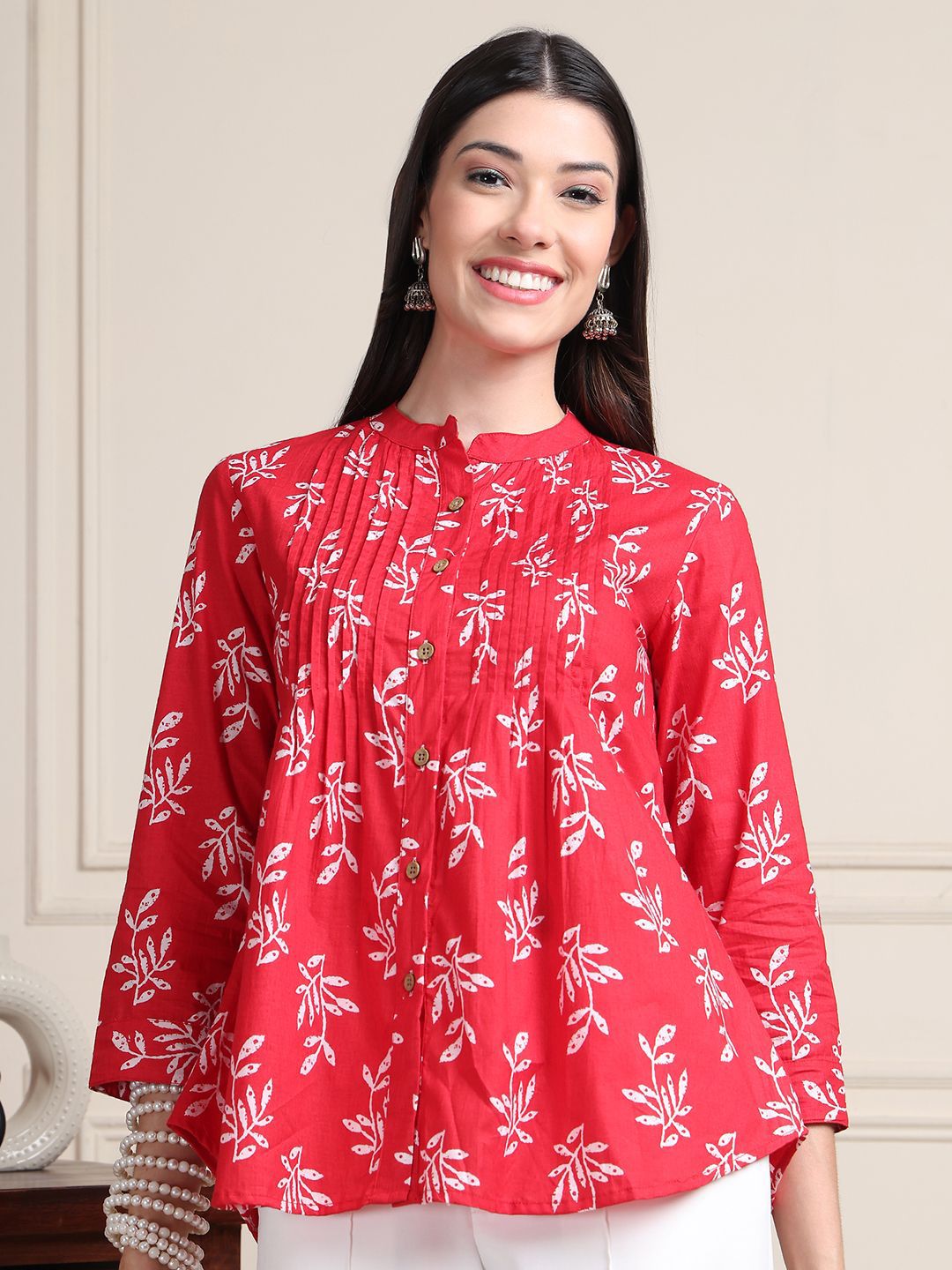 Moda Rapido Women Floral Print Mandarin Collar Organic Cotton Top-picture-39