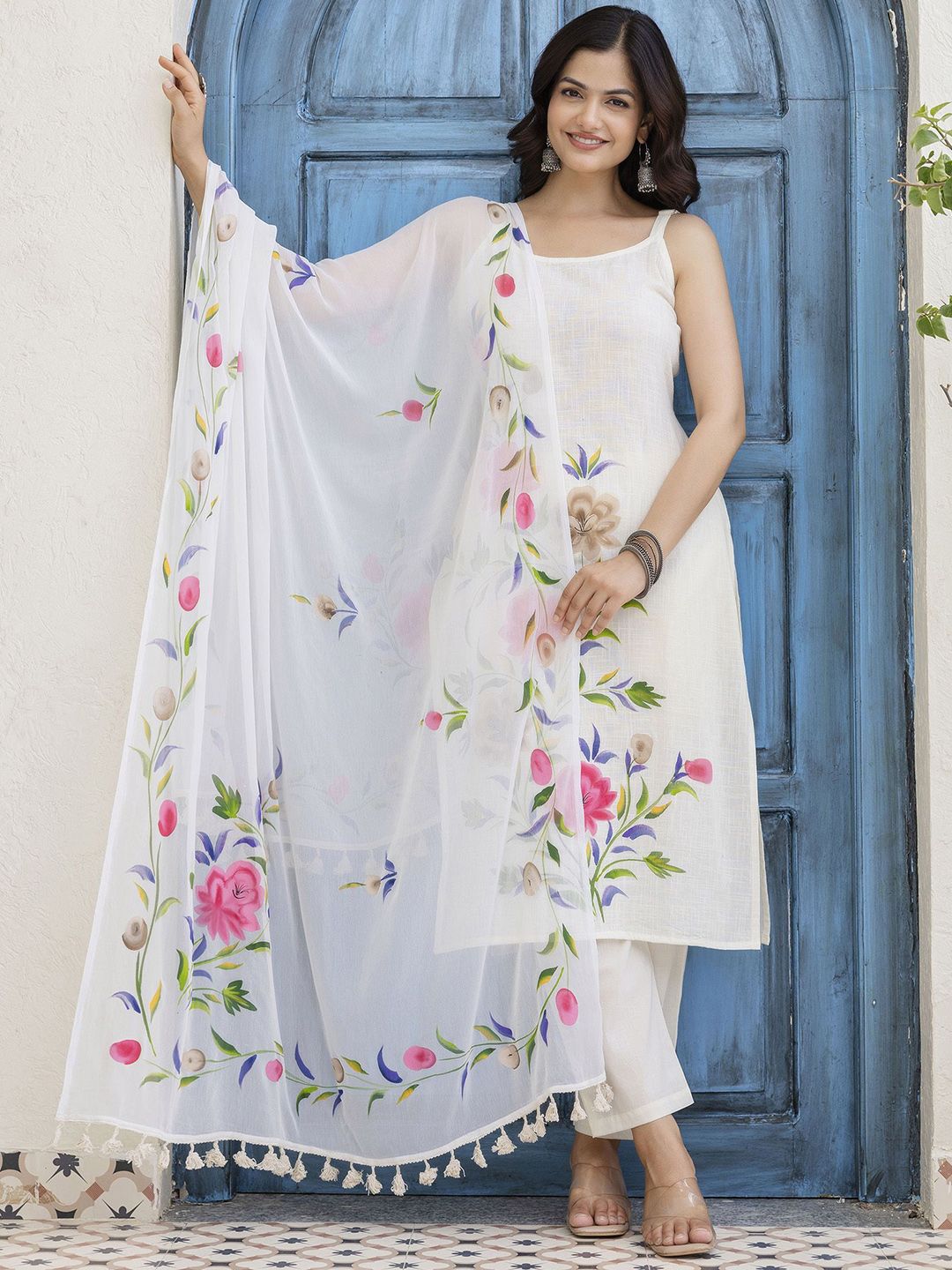 EthniFlair Women Floral Printed Cotton Kurta with Trousers & Dupatta