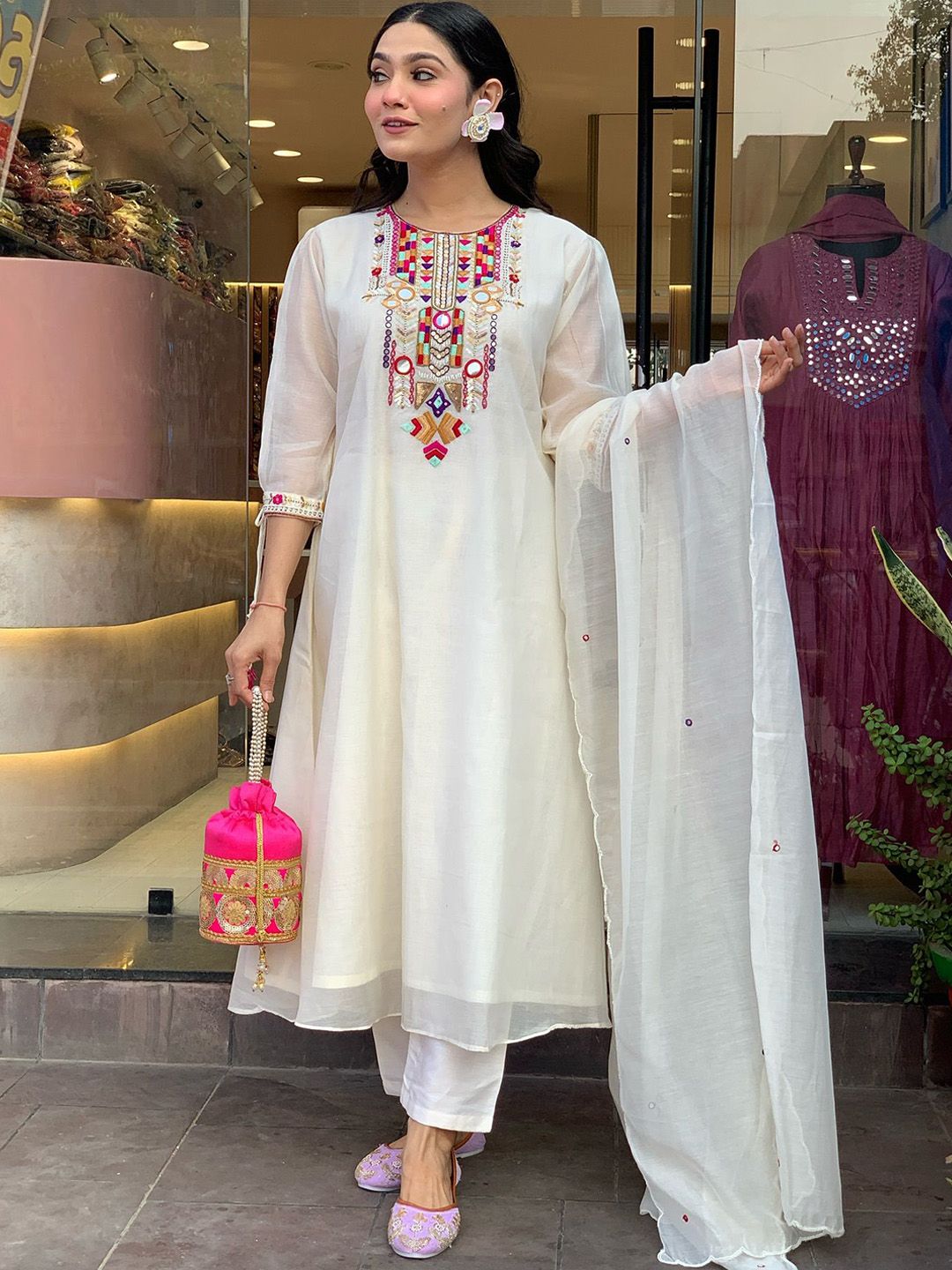 Moda Rapido Women Yoke Design Mirror Work Chanderi Silk Kurta with Trousers & Dupatta