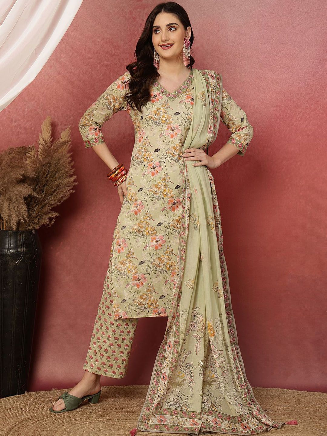 Anouk Women Floral Printed Cotton Kurta with Trousers & Dupatta