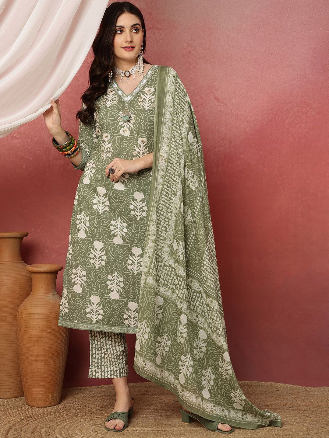 Anouk Women Ethnic Motifs Printed Cotton Kurta with Trousers & Dupatta
