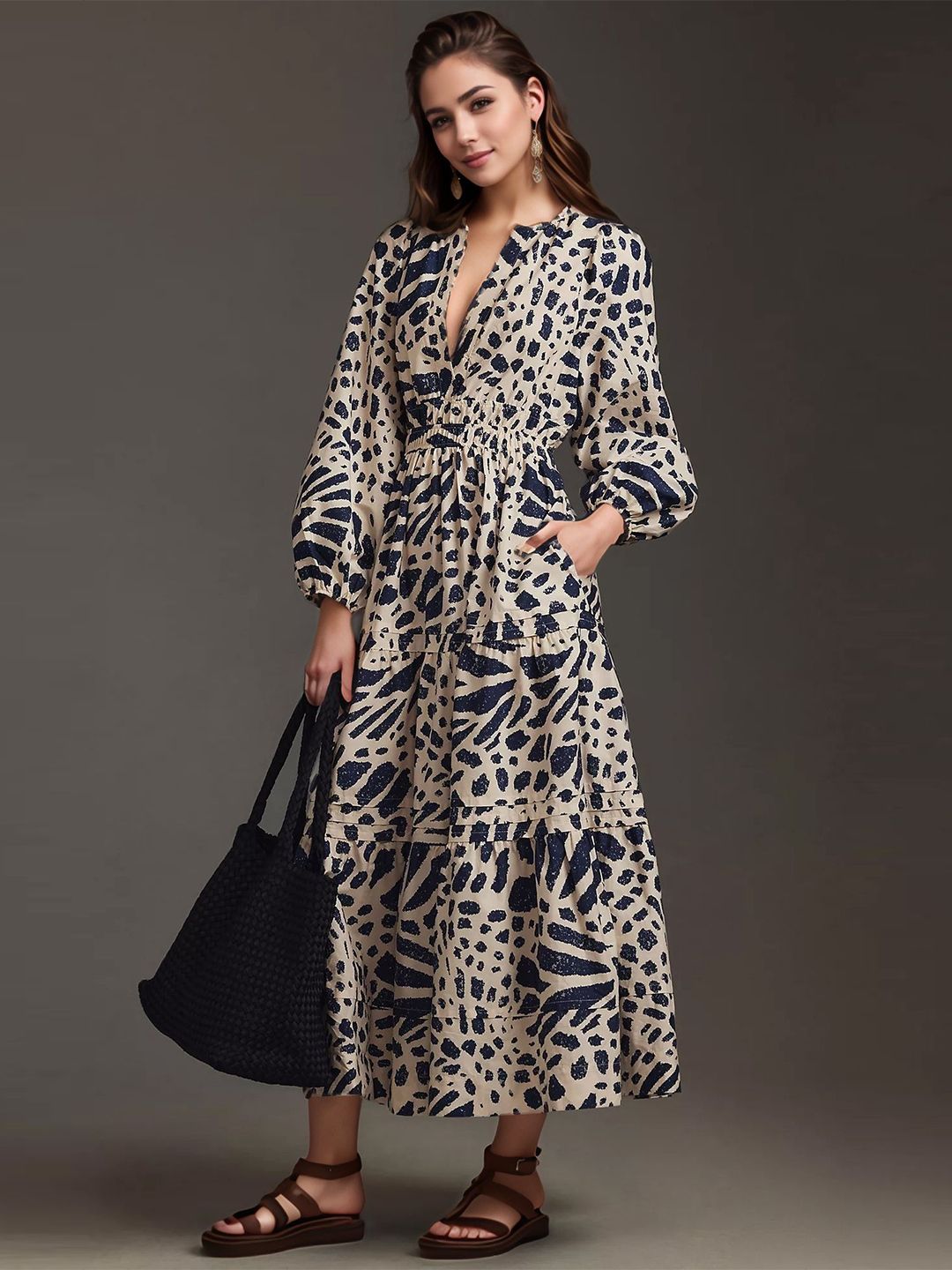 DressBerry Women Abstract Printed Gathered or Pleated Casual Fit and Flare Dress