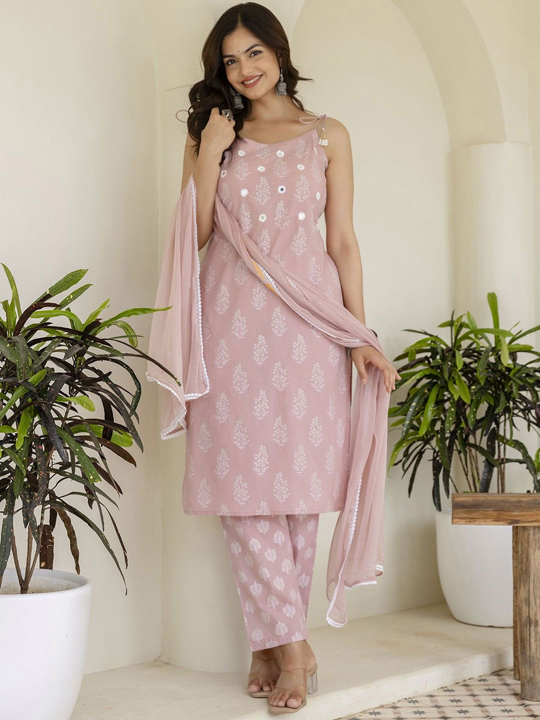 EthniFlair Women Floral Printed Cotton Kurta with Trousers & Dupatta-image-35