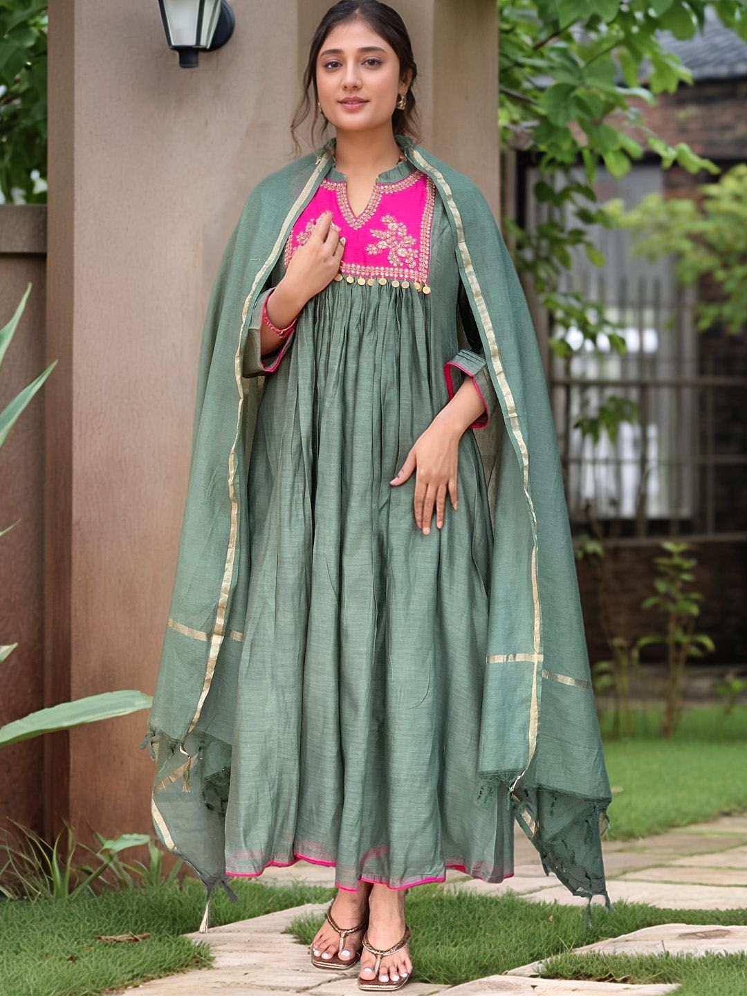 Anni Designer Women Ethnic Motifs Embroidered Pleated Kurta with Trousers & With Dupatta