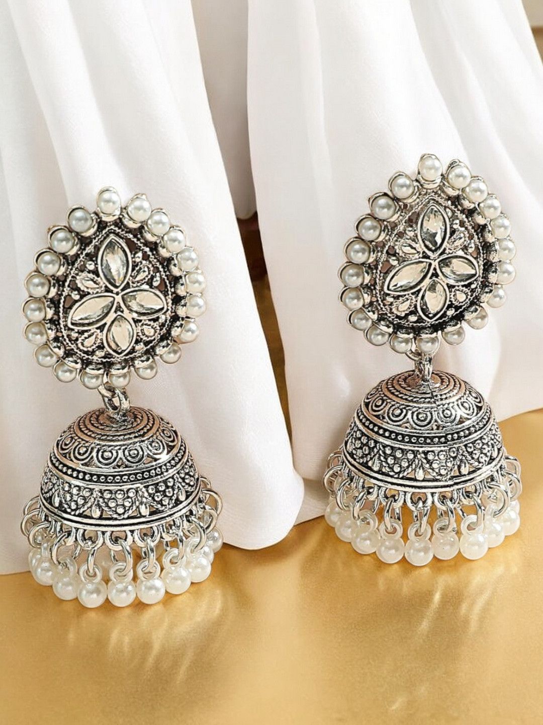 Sangria Stone Studded & Pearls Beaded Oxidised Dome Shaped Jhumkas-picture-32