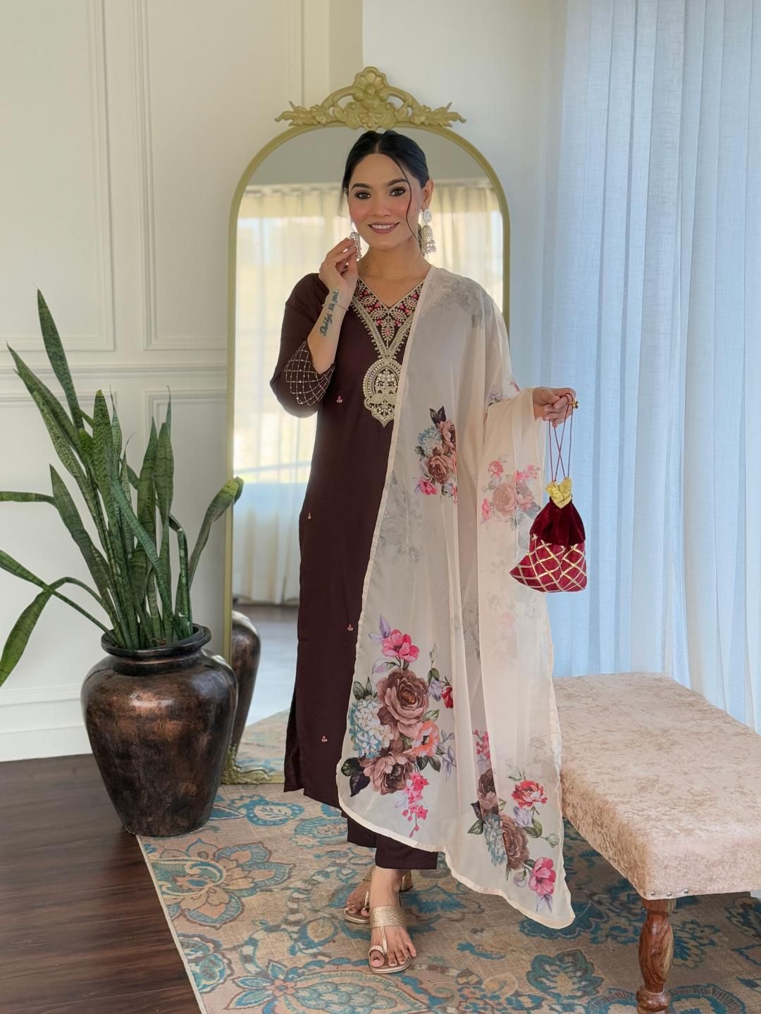 KALINI Women Ethnic Motifs Embroidered Regular Kurta with Trousers & With Dupatta