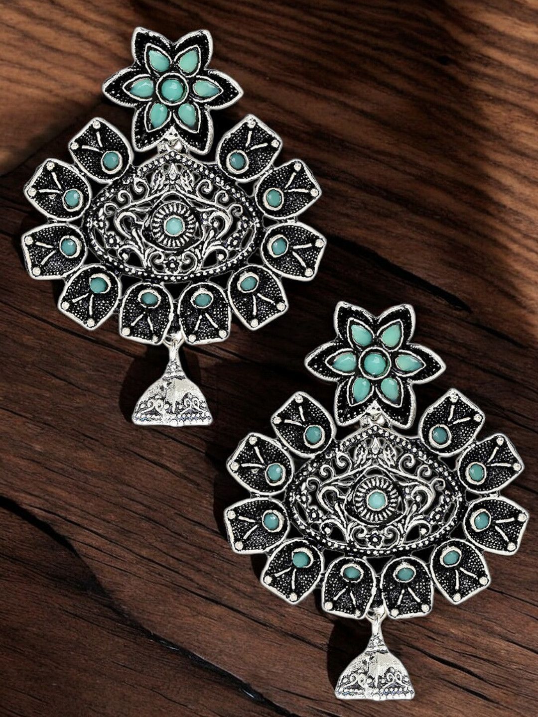 Sangria Artificial Stone Studded Oxidised Floral Drop Earrings-picture-21