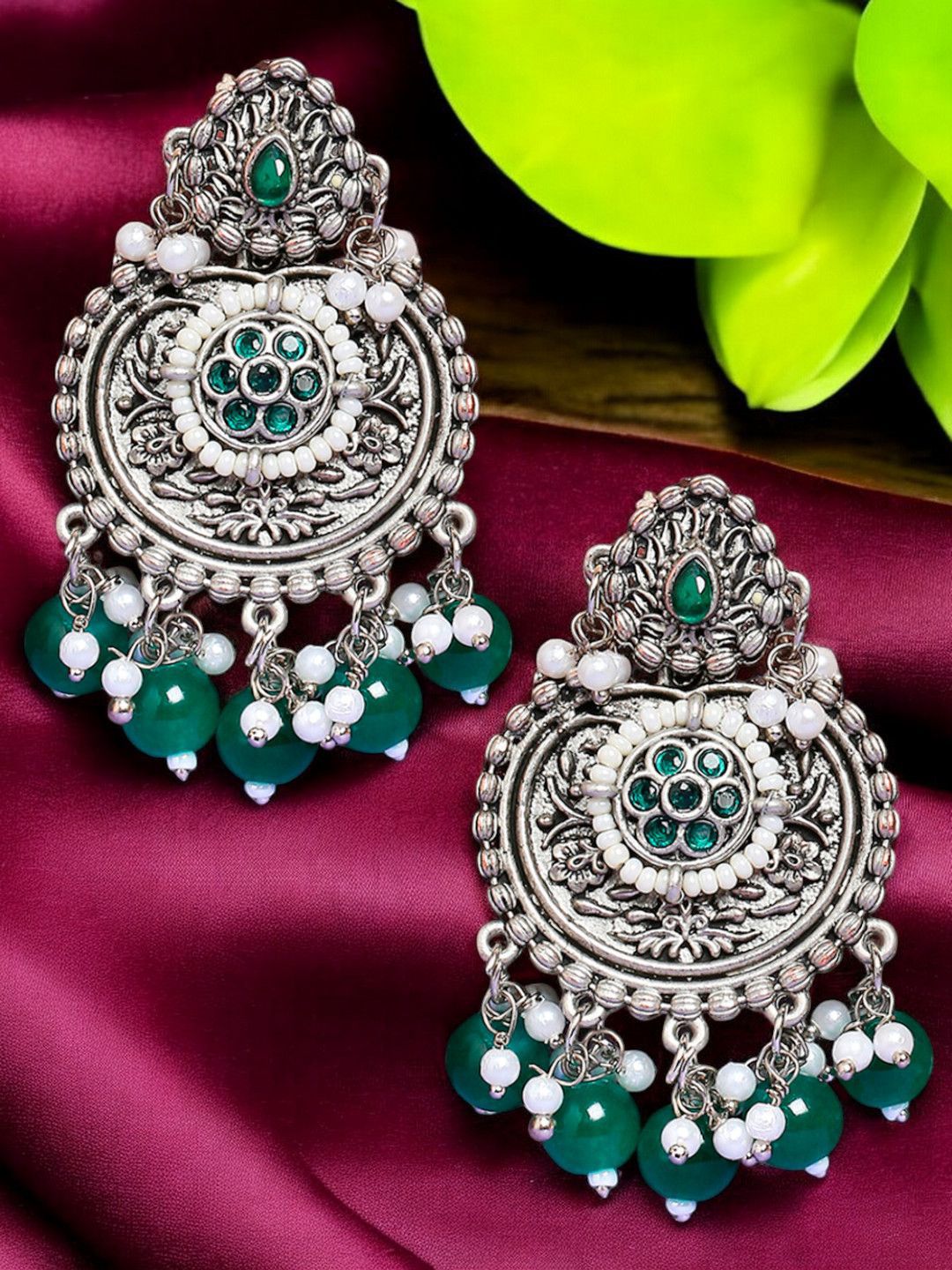 Sangria Artificial Stones Studded and Pearls Beaded Floral Shaped Oxidised Drop Earrings-picture-29