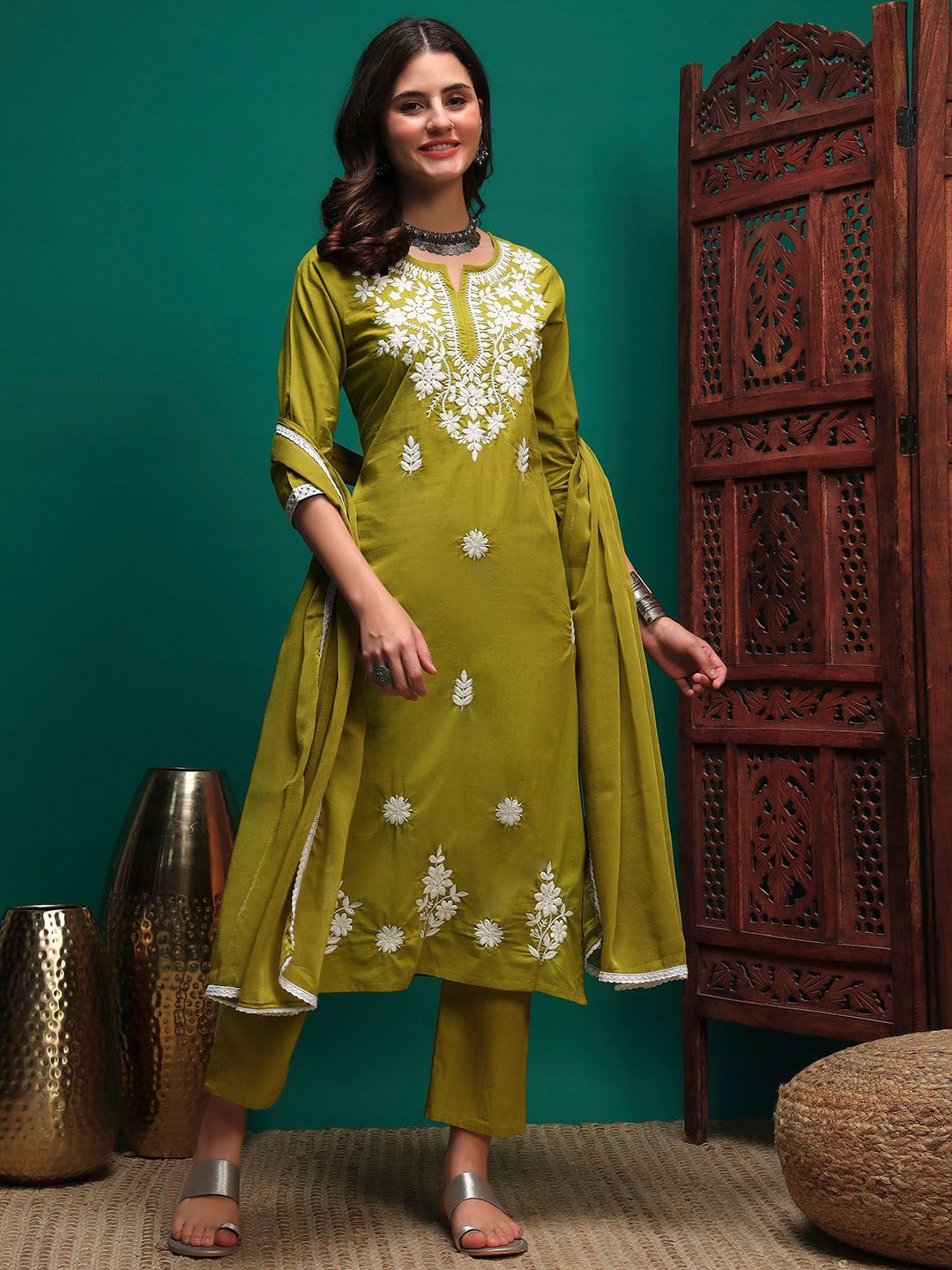 Sangria Women Floral Embroidered Cotton Kurta with Trousers & Dupatta