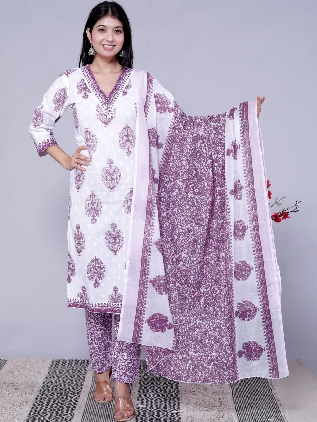 KALINI Women Ethnic Motifs Printed Regular Pure Cotton Kurta with Trousers & With Dupatta
